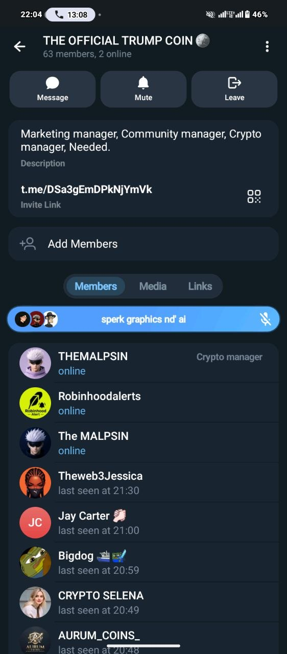 Telegram member list of The Official Trump Coin group showing THEMALPSIN with the Crypto manager tag