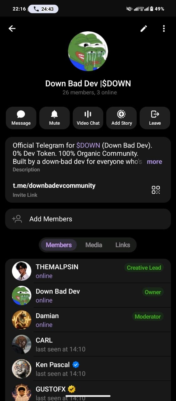 Telegram member list of Down Bad Dev $DOWN group showing THEMALPSIN listed with the Creative Lead tag